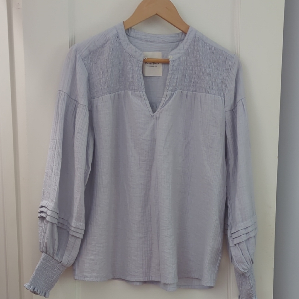 Soft blue Women's Blouse with Pleated Sleeves